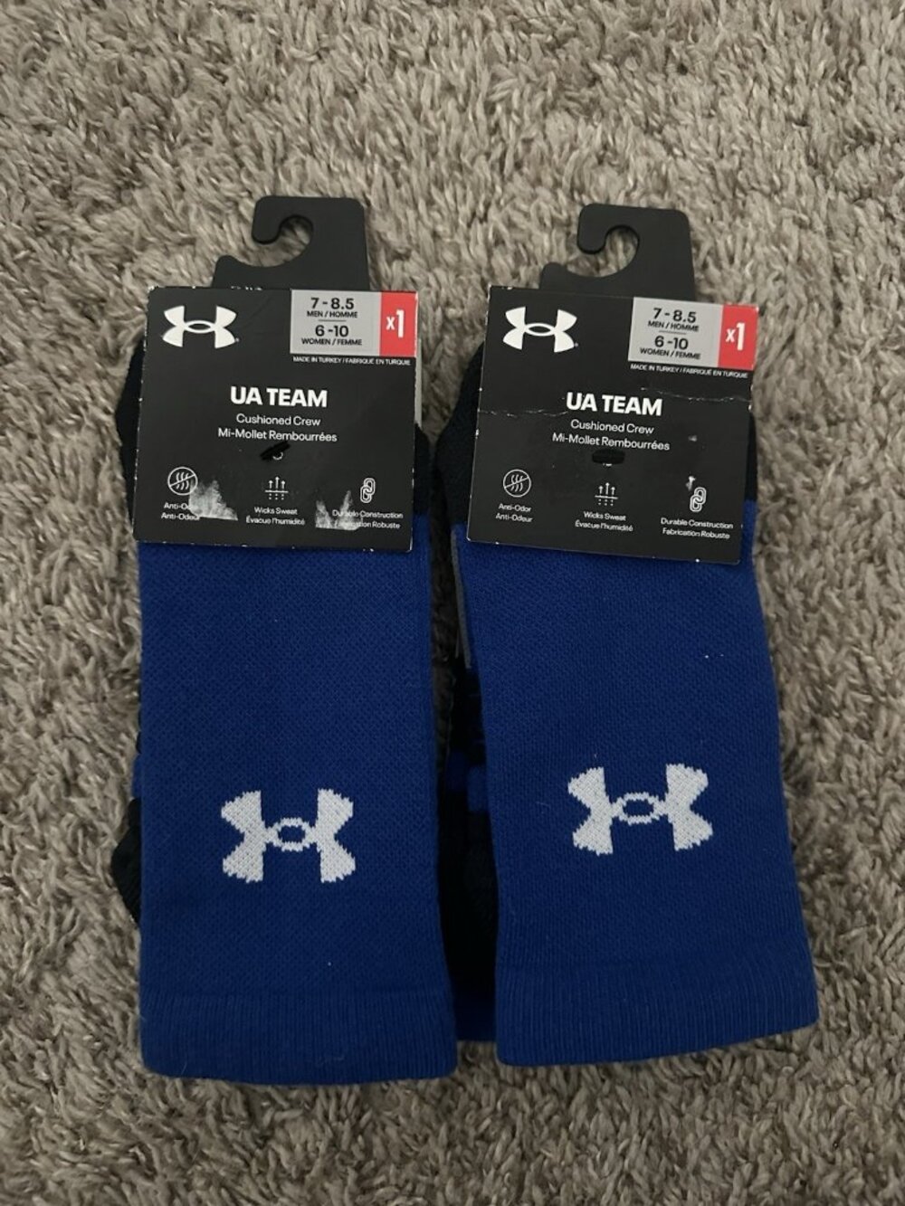 2 Pack Under Armour UA Team Cushioned Crew Socks Mens 7-8.5 Unisex Blue